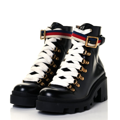 Gucci Calfskin Sylvie Web Womens Lace Up Combat Boots 36.5 Black 3 of 8