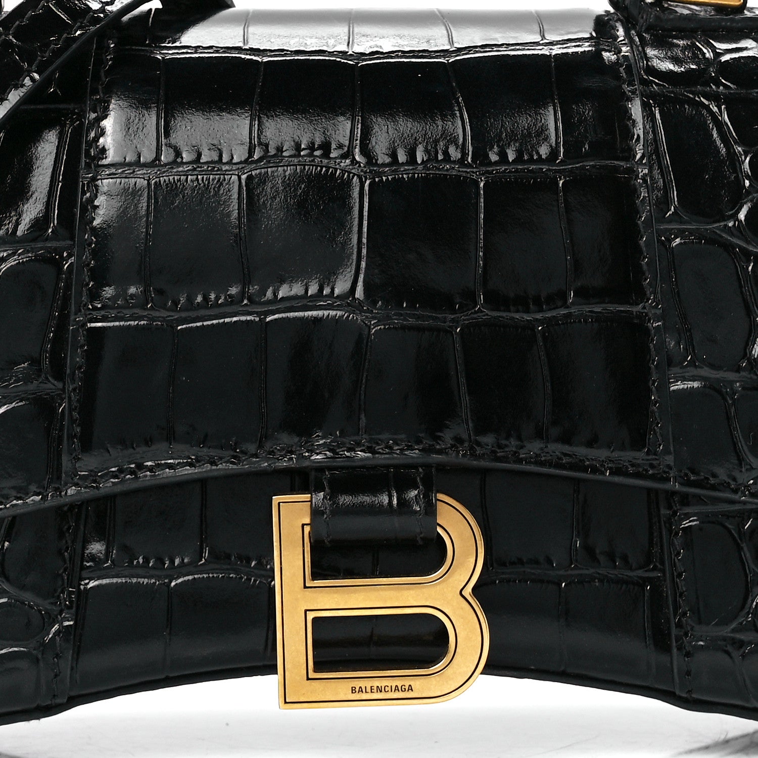 Balenciaga Shiny Calfskin Crocodile Embossed Hourglass Top Handle Bag XS Black 8 of 11