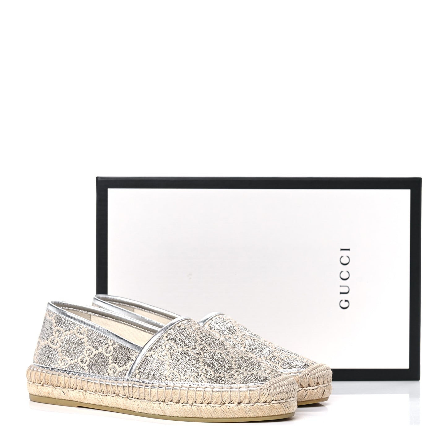 Lame Nappa GG Monogram Espadrilles 37 Silver Beige