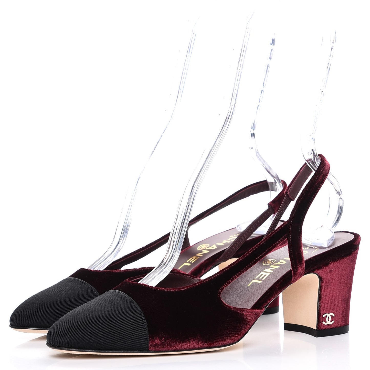 Velour Cap Toe CC Slingback Pumps 38 Burgundy Black
