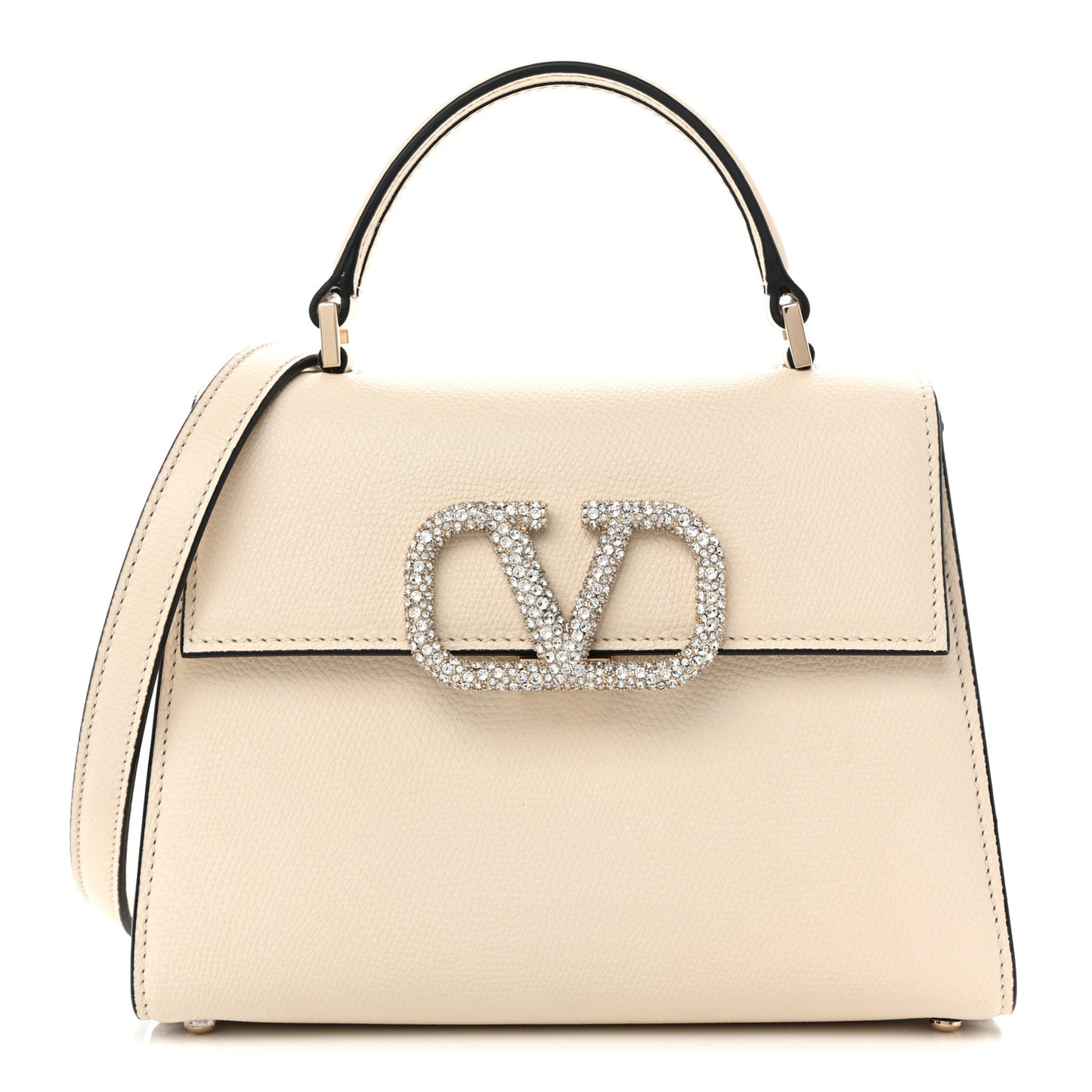 Grainy Calfskin Swarovski Crystal Embellished Small VSling Top Handle Bag Light Ivory