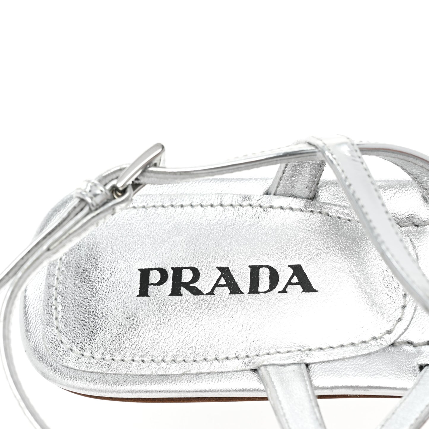 Metallic Calfskin Metal Triangle Logo Slingback Flat Thong Sandals 38.5 Argento