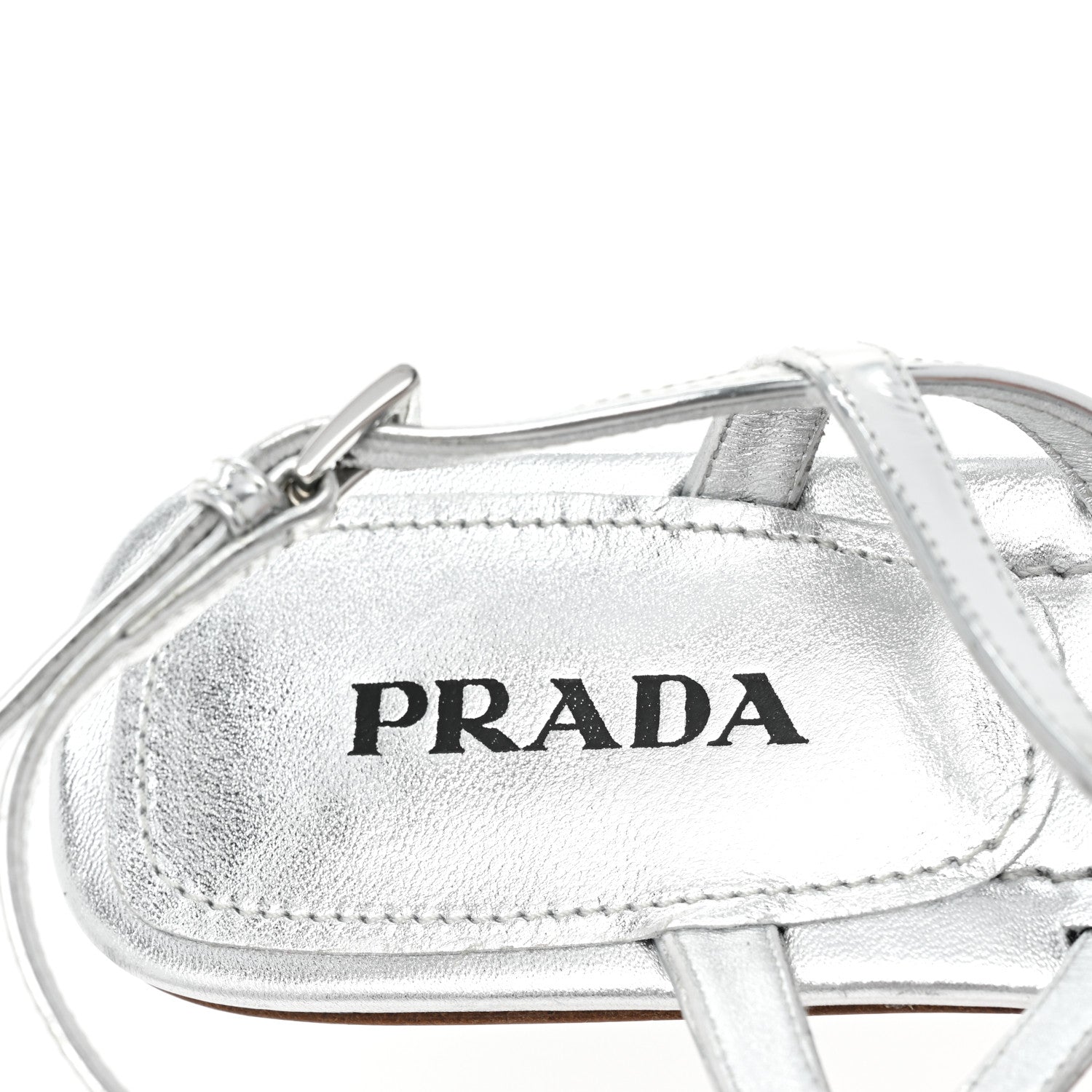 Prada Metallic Calfskin Metal Triangle Logo Slingback Flat Thong Sandals 38.5 Argento 7 of 12