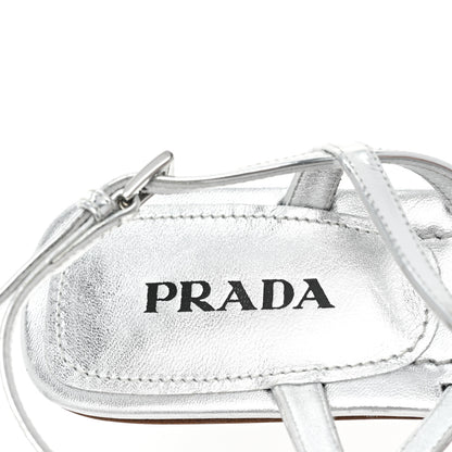 Prada Metallic Calfskin Metal Triangle Logo Slingback Flat Thong Sandals 38.5 Argento 7 of 12