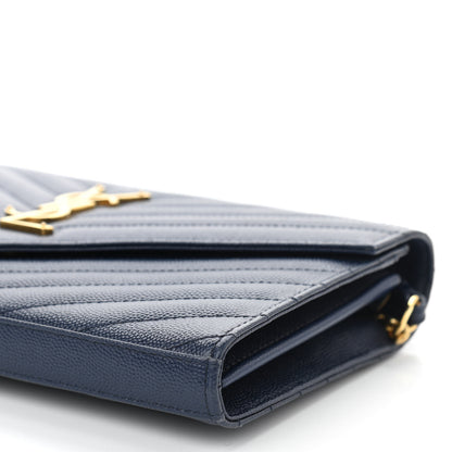 Saint Laurent Grain De Poudre Matelasse Chevron Monogram Chain Wallet Deep Marine 10 of 11