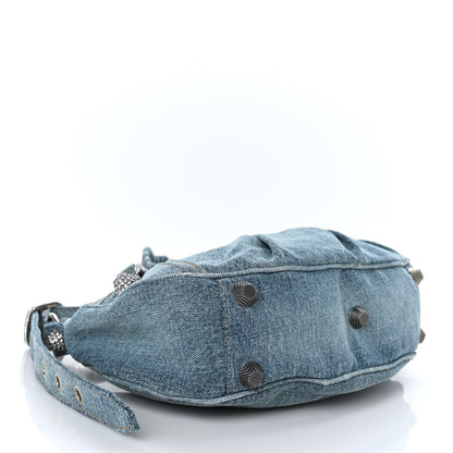 Balenciaga Washed Frayed Denim Crystal Small Le Cagole Shoulder Bag Blue 4 of 9