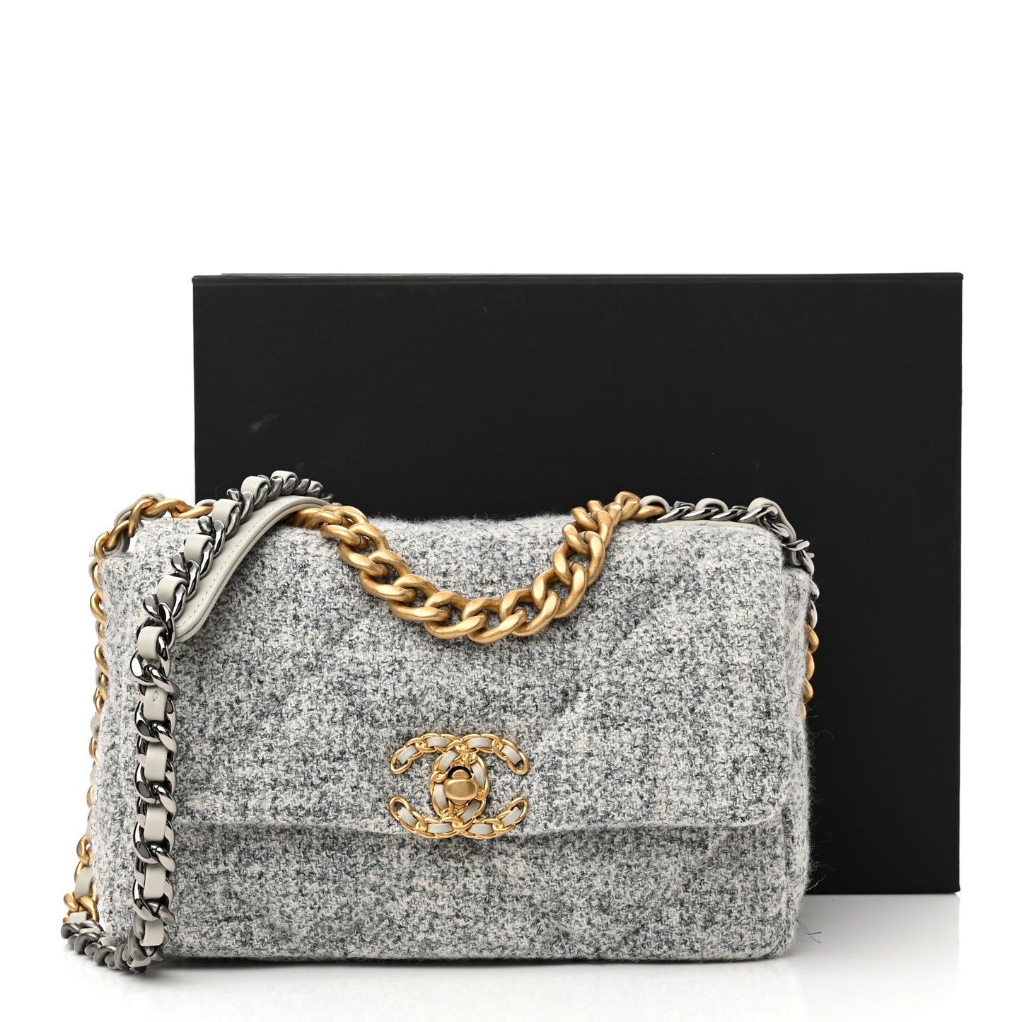 Tweed Quilted Medium Chanel 19 Flap Grey Ecru