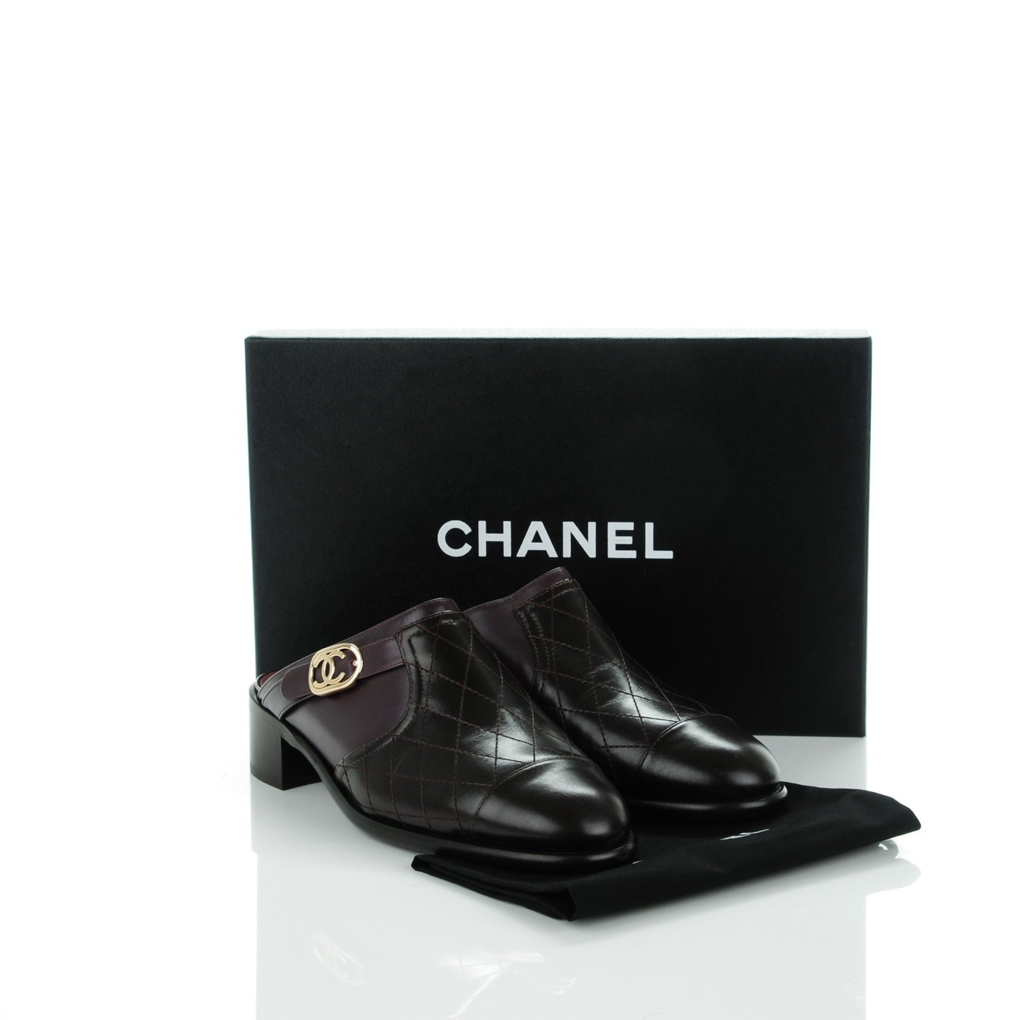 Calfskin Quilted CC Mules 39.5 Burgundy Brown