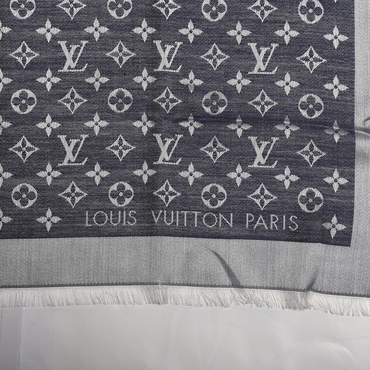 Wool Silk Monogram Denim Shawl Blue