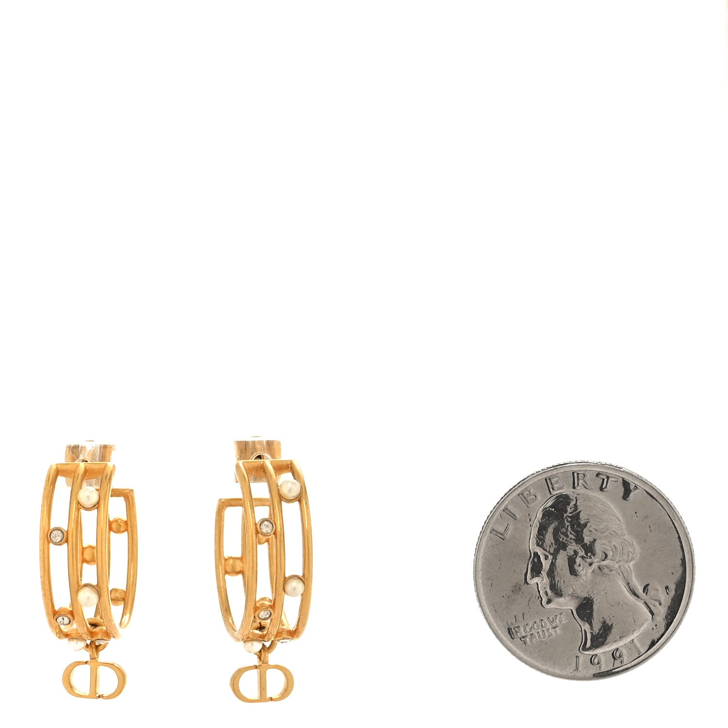 Christian Dior Pearl Crystal CD Hoop Earrings Gold 3 of 8