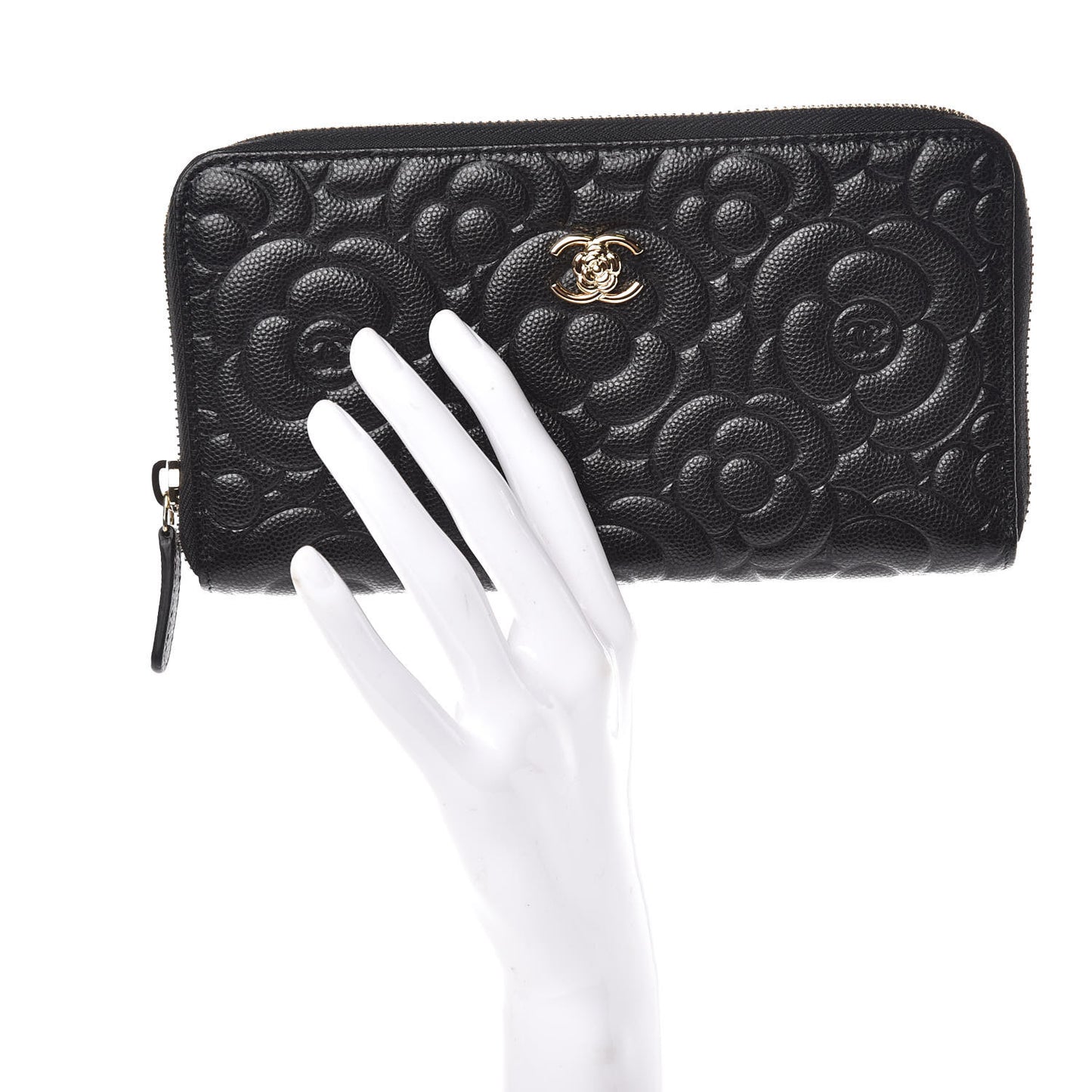 Caviar Camellia Embossed Large Zip Around Gusset Wallet Black