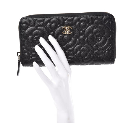 Chanel Caviar Camellia Embossed Large Zip Around Gusset Wallet Black 2 of 8
