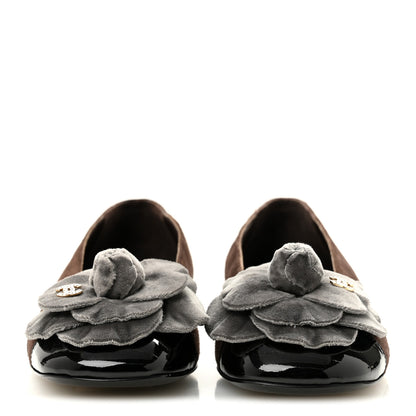 Chanel Suede Patent Cap Toe Camellia Ballerina Flats 37 Marron Gris 3 of 9