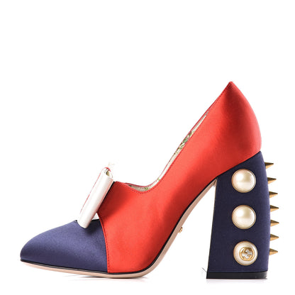 Gucci Silk Satin Pearl Studded Luna Bow Pumps 36.5 Navy Blue 1 of 11