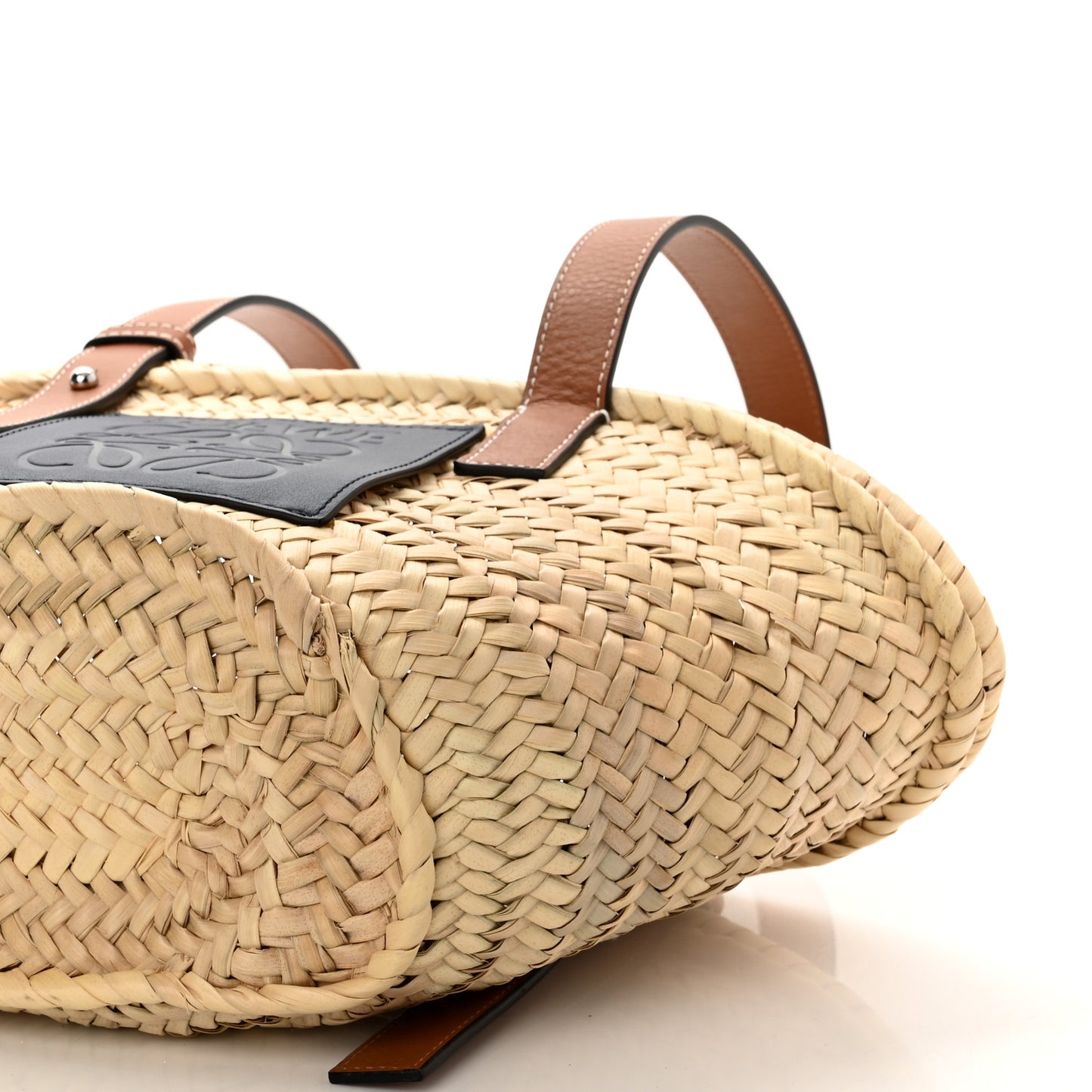 Raffia Small Basket Tote Bag Natural Tan Navy