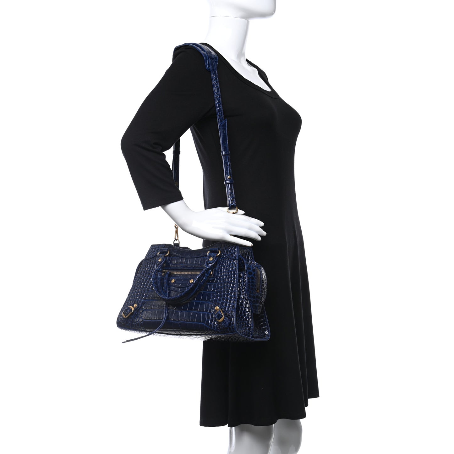 Shiny Supple Calfskin Crocodile Embossed Neo Classic Gold Hardware S City Navy