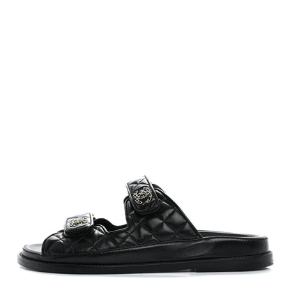 Chanel Lambskin Quilted Velcro Dad Chain CC Slide Sandals 39 Black 1 of 10