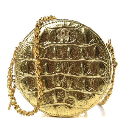 Chanel Metallic Calfskin Crocodile Embossed Cocodile Round Clutch with Chain Gold 1 of 8