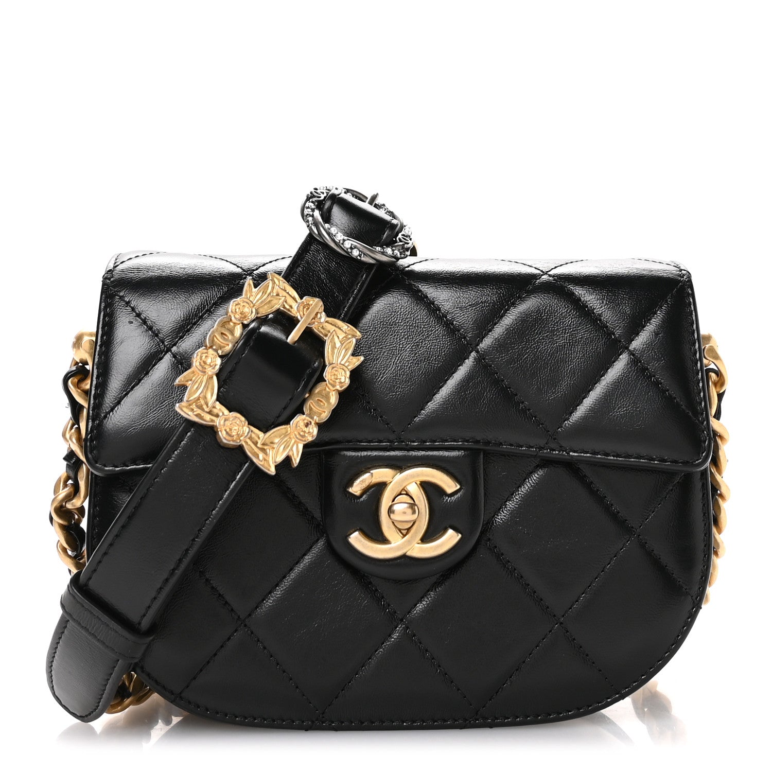 Chanel Shiny Calfskin Quilted Buckle Moon Messenger Black 1 of 10
