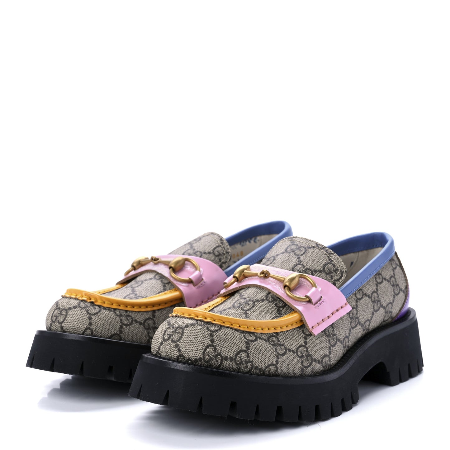 GG Supreme Monogram Cordovan Lux Womens Harald Horsebit 25mm Platform Loafers 37 Beige Sugar Pink Crop Shine Purple Marine