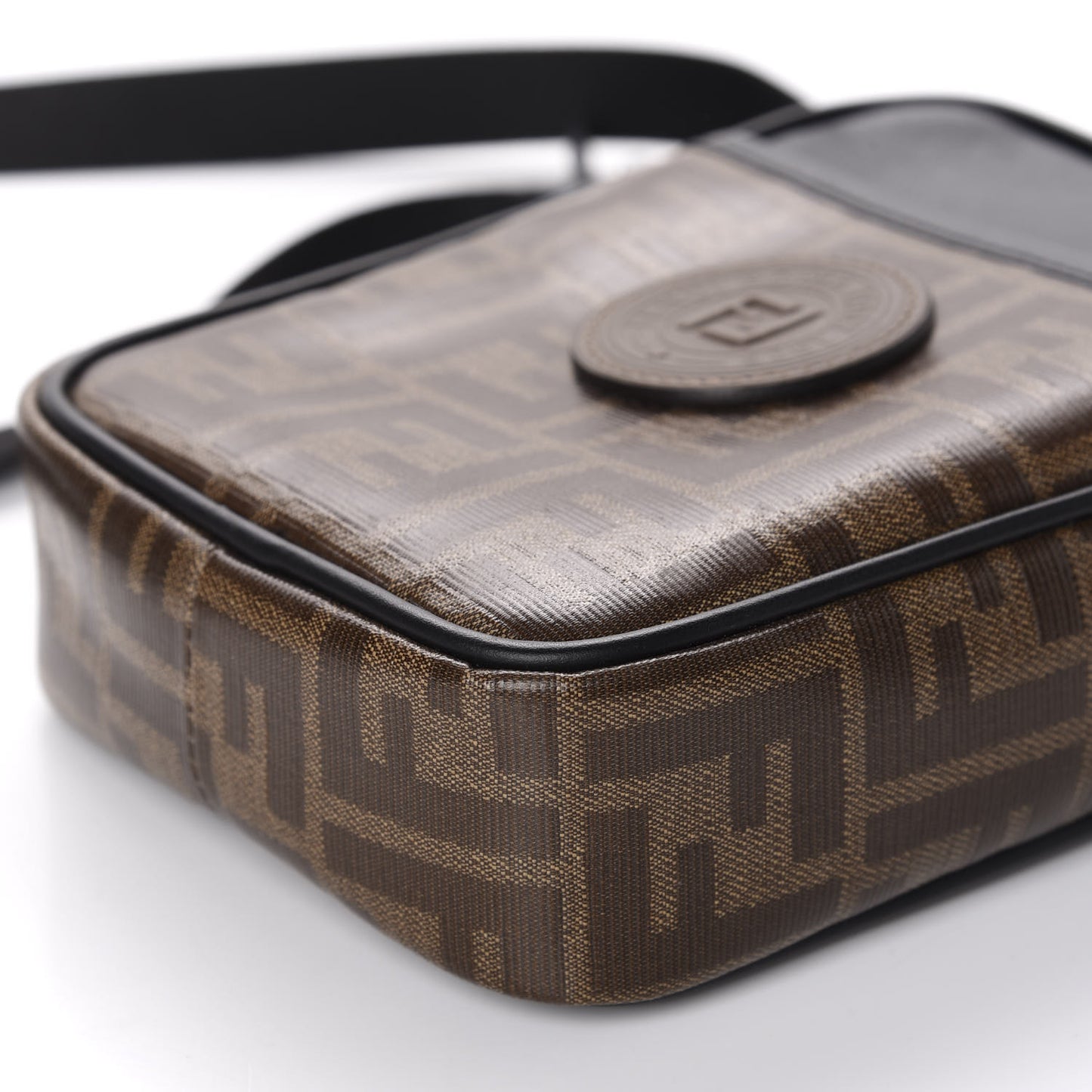 Glazed Fabric Vitello Century FF 1974 Stamp Patch Small Crossbody Messenger Mogano Panna Black