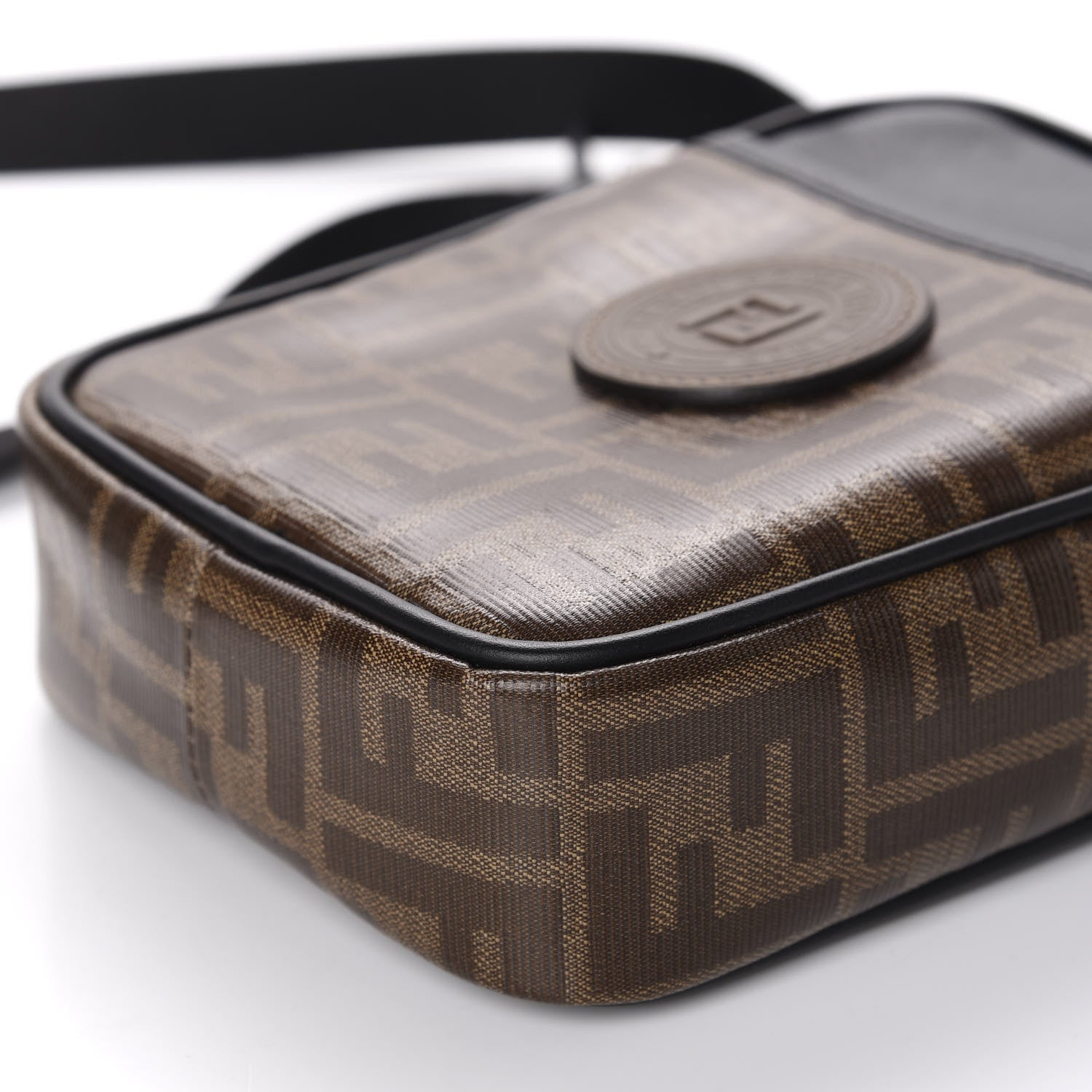 Fendi Glazed Fabric Vitello Century FF 1974 Stamp Patch Small Crossbody Messenger Mogano Panna Black 7 of 10