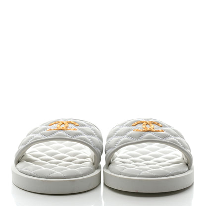 Chanel Lambskin Quilted Textured CC Mules Sandals 40 White 2 of 8