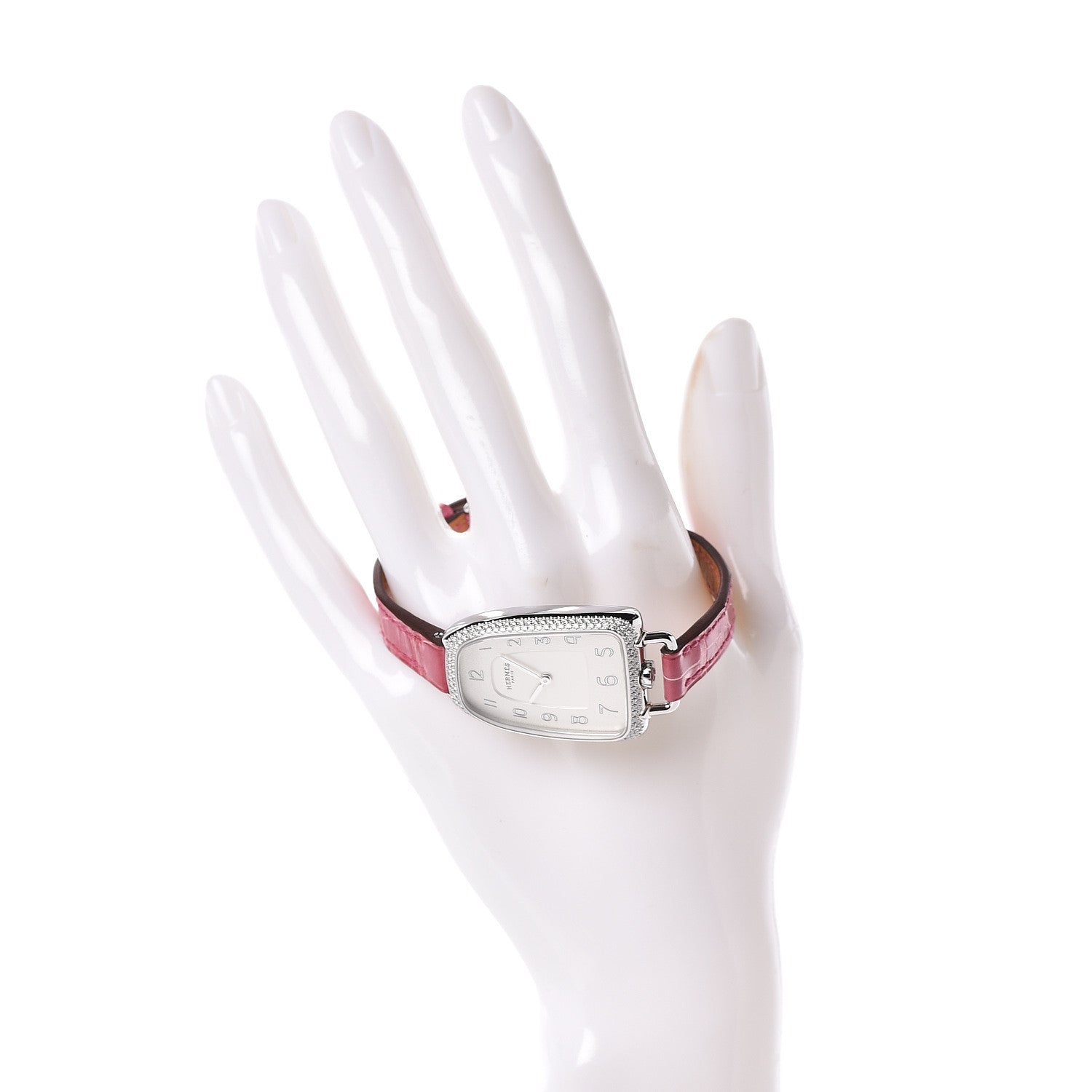 Hermes Stainless Steel Alligator Diamond Bezel 26mm Galop Quartz Watch Framboise 2 of 7