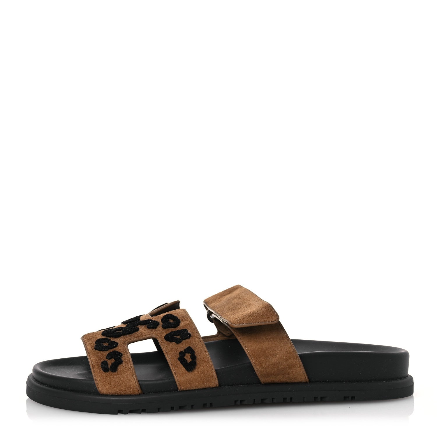 Hermes Suede Goatskin Tufted Leopard Womens Chypre Sandals 38 Brun Fume Black 1 of 10