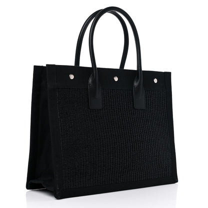 Saint Laurent Raffia Linen Calfskin Small Rive Gauche Tote Black 3 of 9