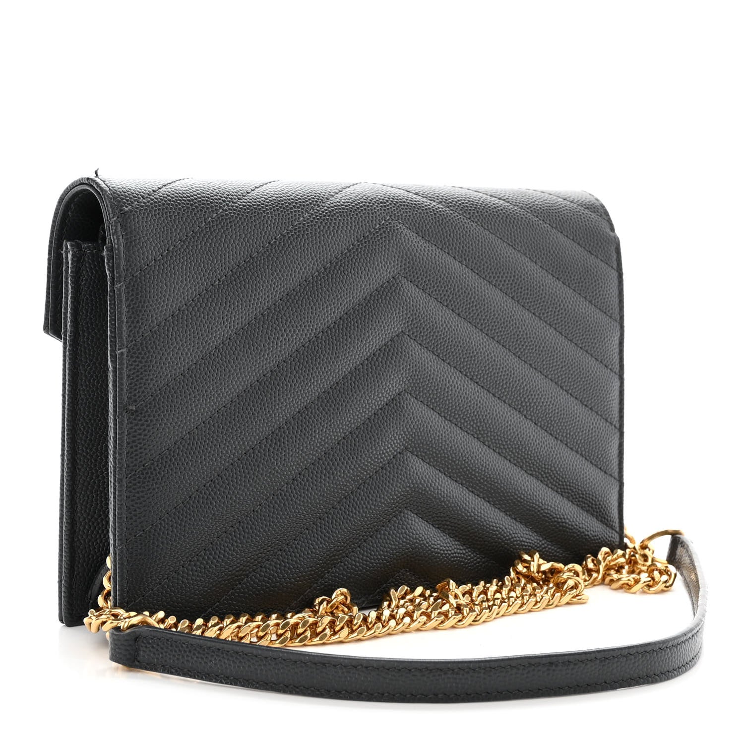 Saint Laurent Grain De Poudre Matelasse Chevron Monogram Envelope Chain Wallet Dark Smog 3 of 13