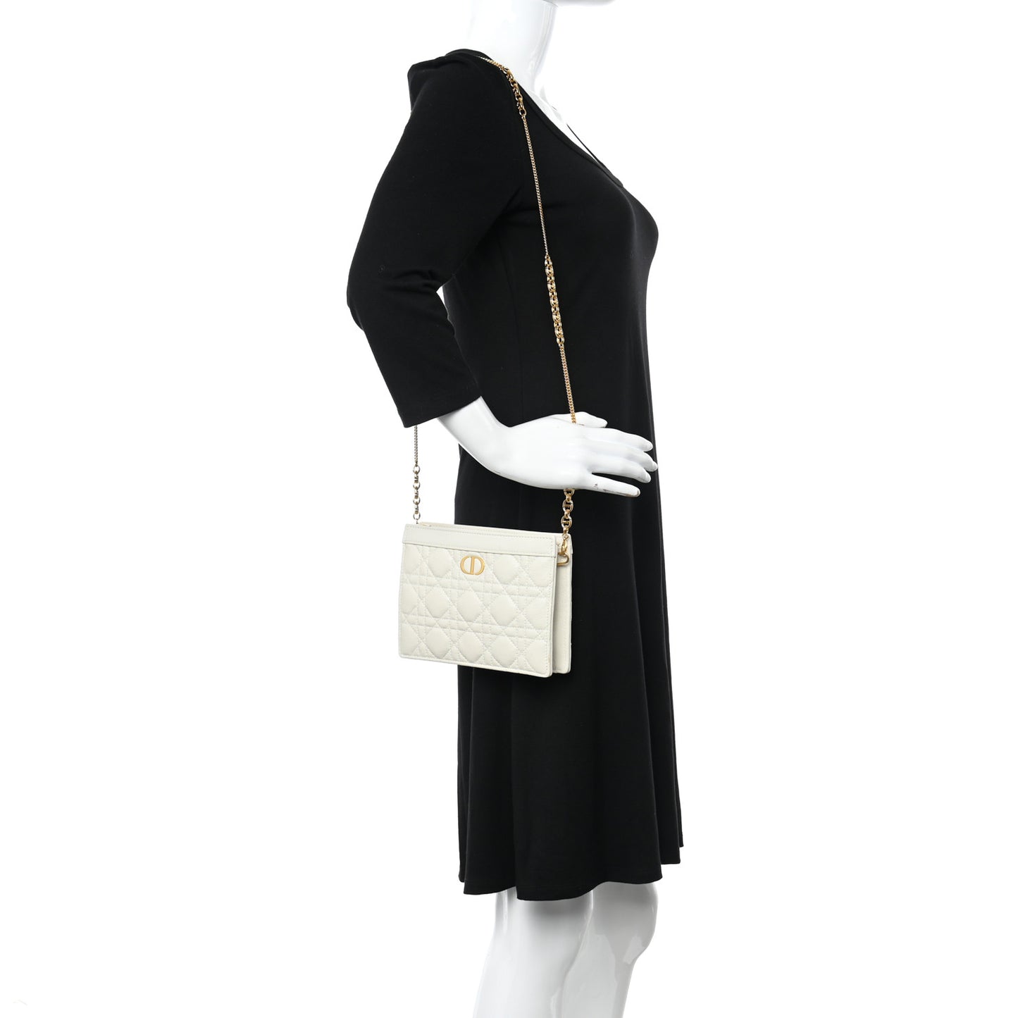 Calfskin Cannage Caro Zipped Pouch With Chain Latte