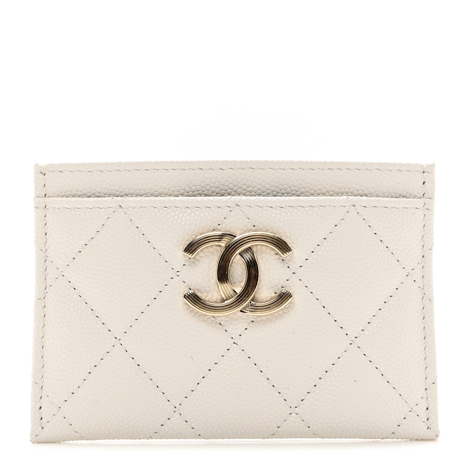 Chanel Caviar Metal Quilted Striated CC Card Holder White 1 of 9