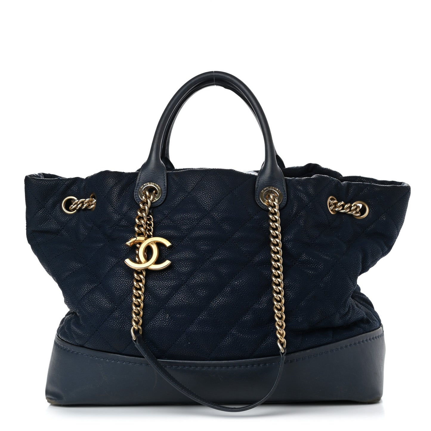 Iridescent Caviar Quilted Globe Trotter Shopping Tote Navy Blue