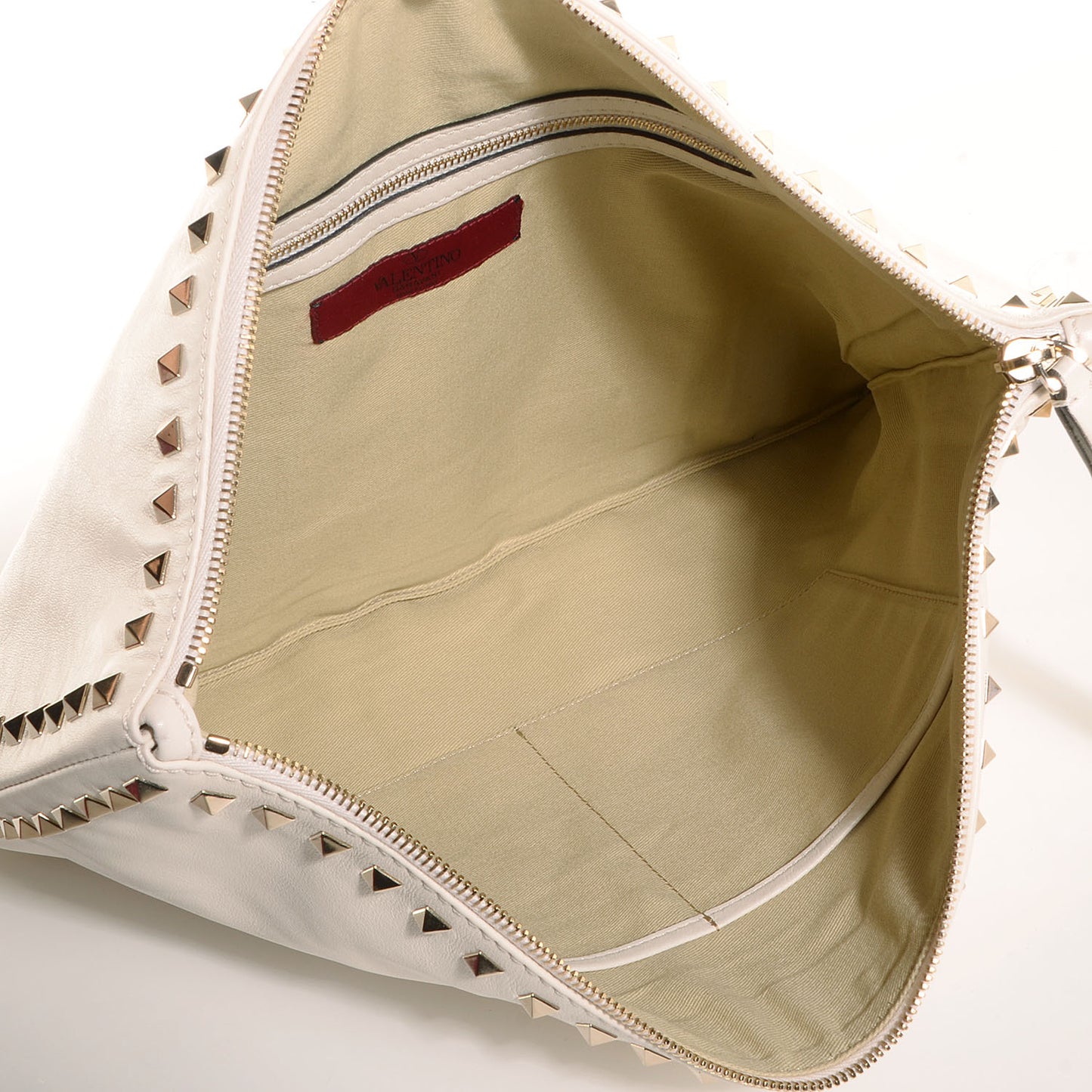 Vitello Oversized Rockstud Zip Wristlet Pouch Light Ivory