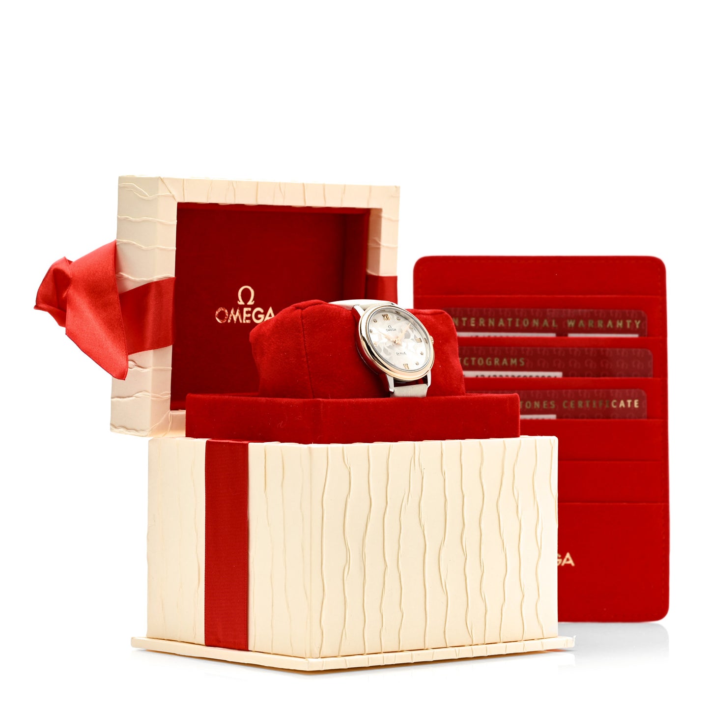 Stainless Steel 18K Red Gold Calfskin Diamond 33mm De Ville Prestige Butterfly Automatic Watch 424.22.33.60.52.001