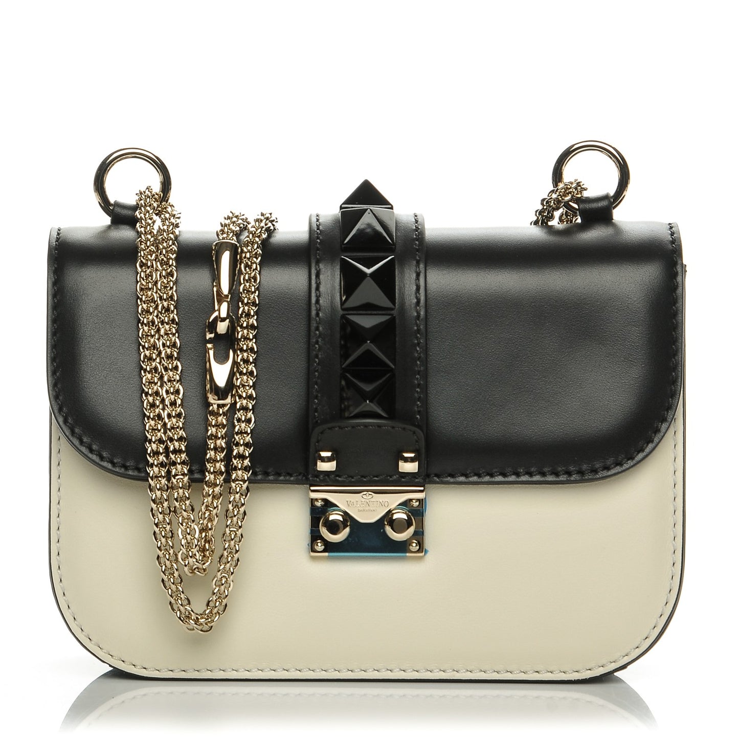 Vitello Small Glam Lock Rockstud Flap Black Light Ivory