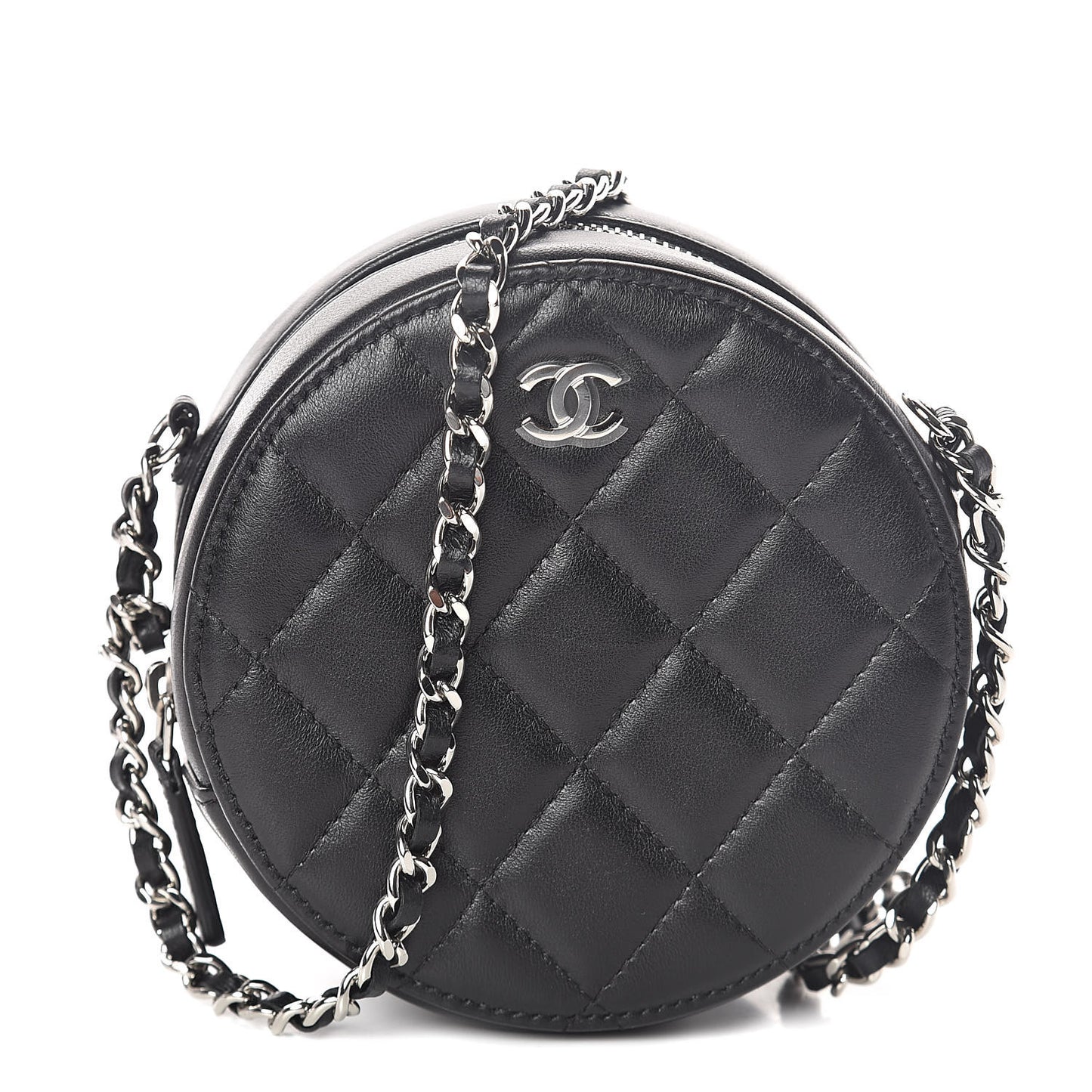 Lambskin Quilted Round Clutch With Chain Black