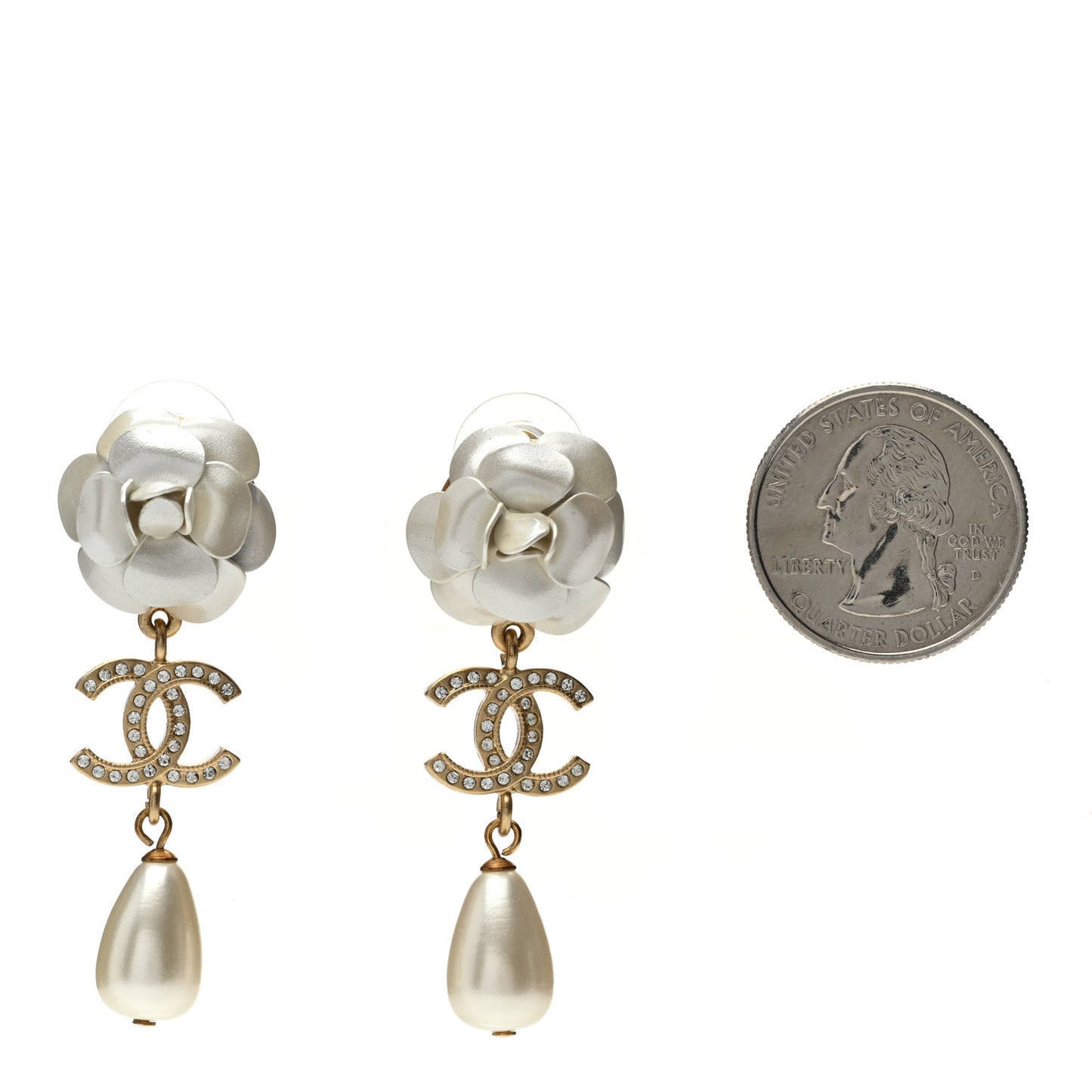 Metal Crystal Pearl 90s Camellia CC Drop Earrings Gold