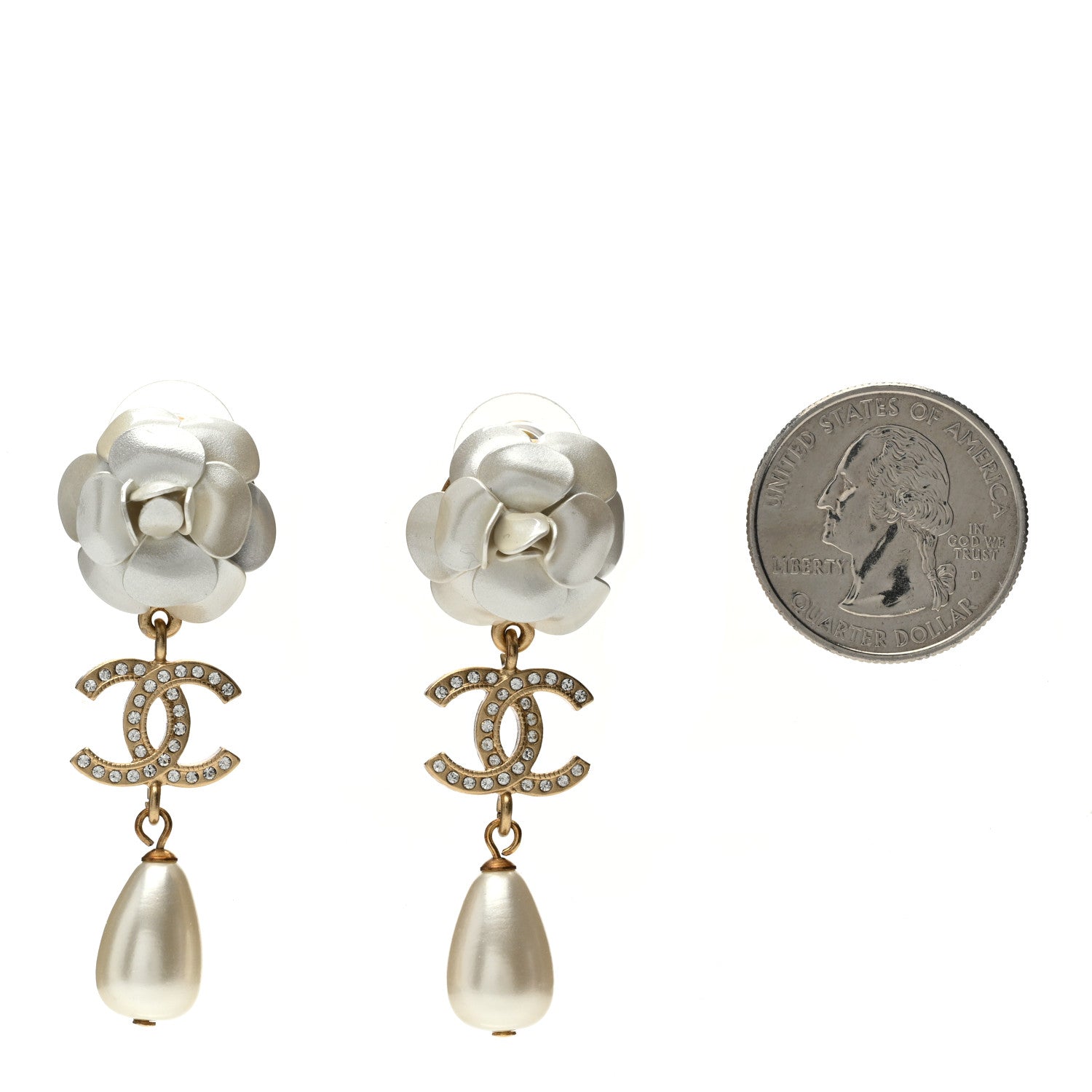 Chanel Metal Crystal Pearl 90s Camellia CC Drop Earrings Gold 2 of 4