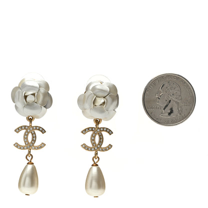 Chanel Metal Crystal Pearl 90s Camellia CC Drop Earrings Gold 2 of 4