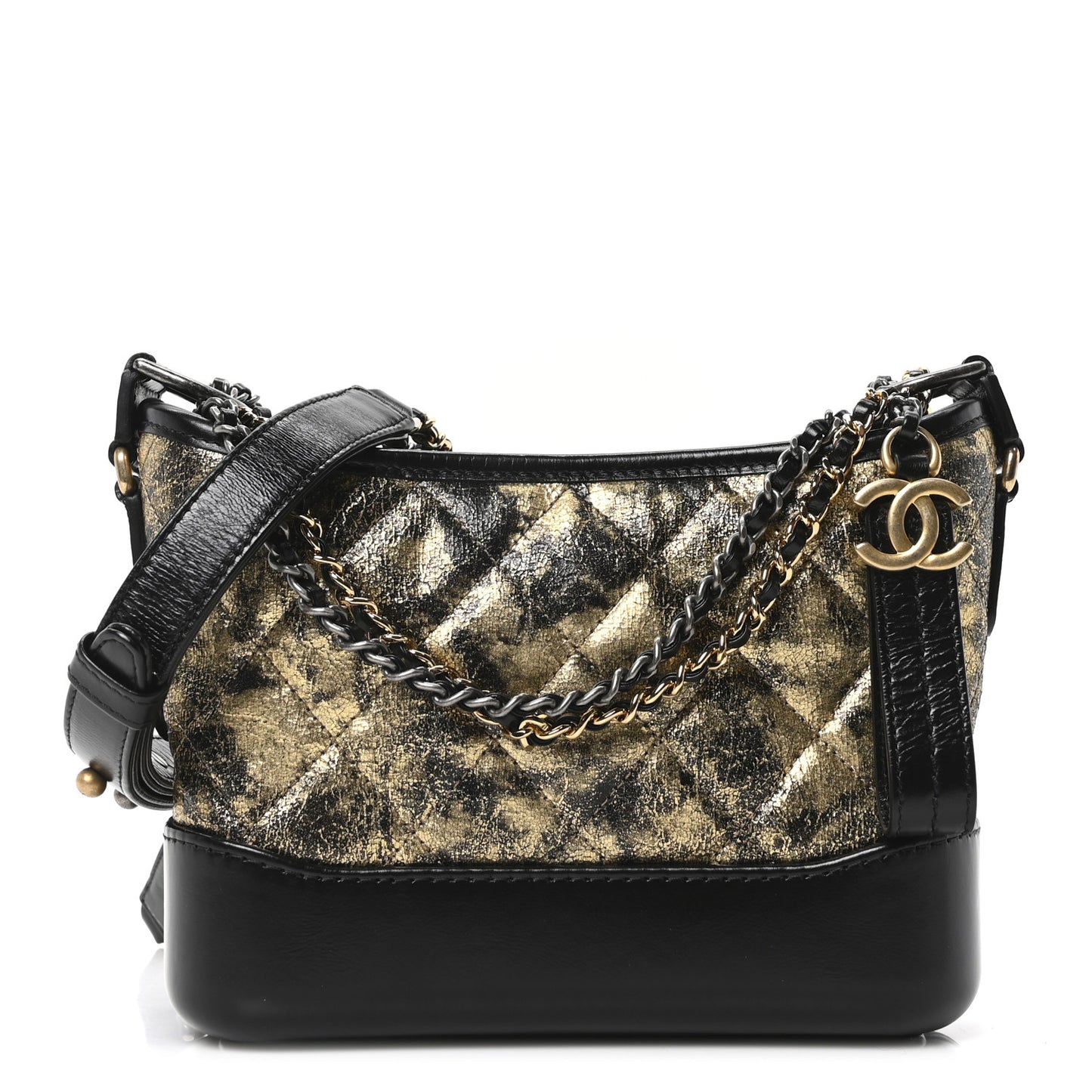 Metallic Crumpled Goatskin Quilted Small Gabrielle Hobo Black Gold