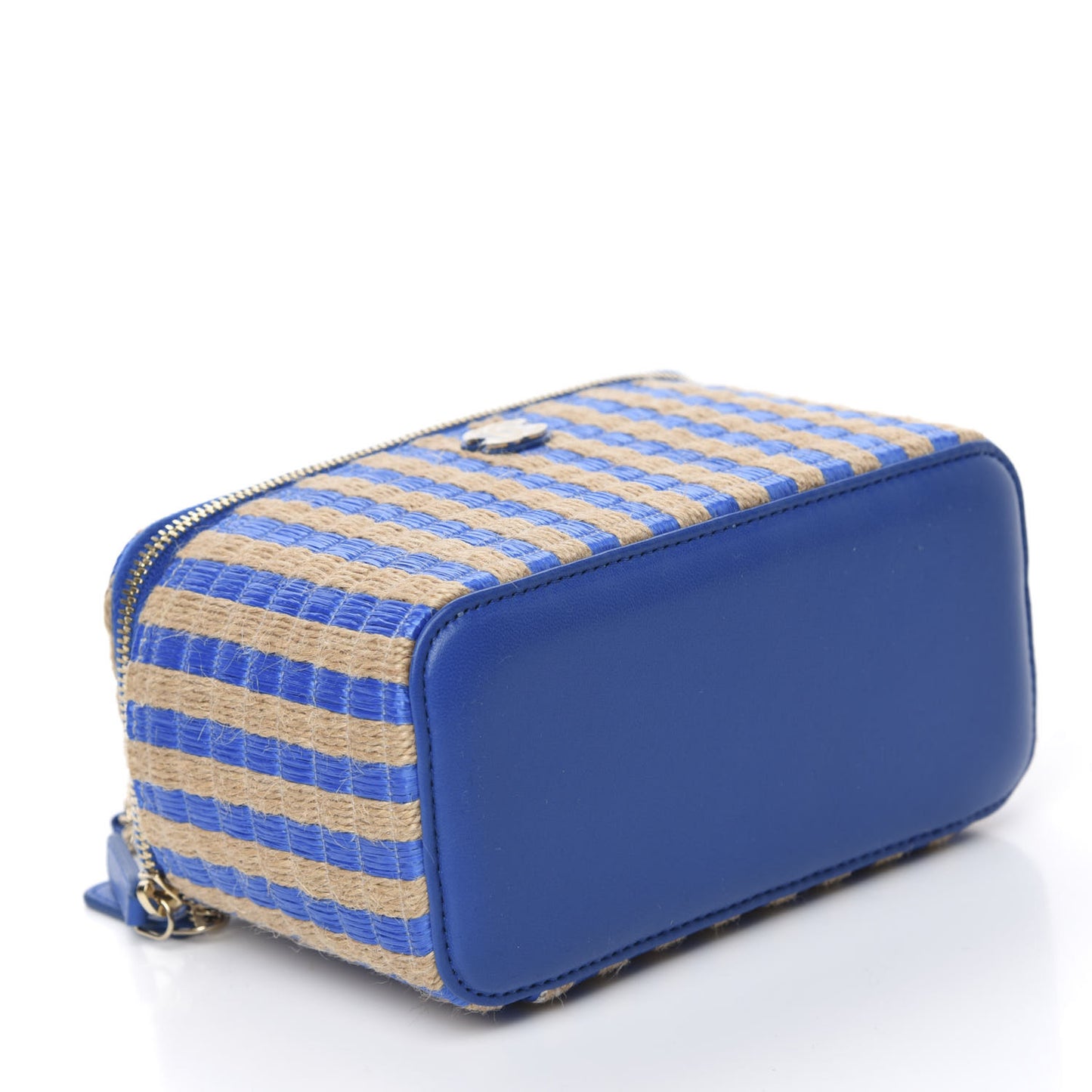 Raffia Jute Striped Small Vanity Case With Chain Blue Beige