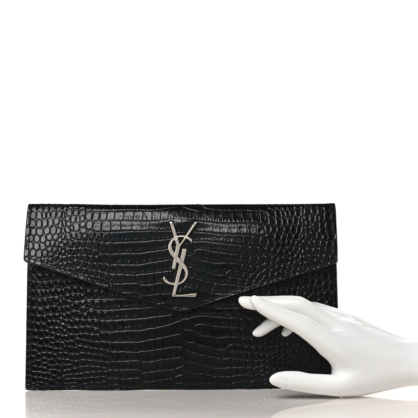 Calfskin Crocodile Embossed Uptown Monogram Clutch Black