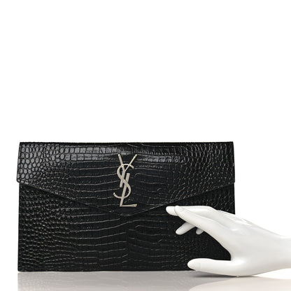 Saint Laurent Calfskin Crocodile Embossed Uptown Monogram Clutch Black 3 of 9