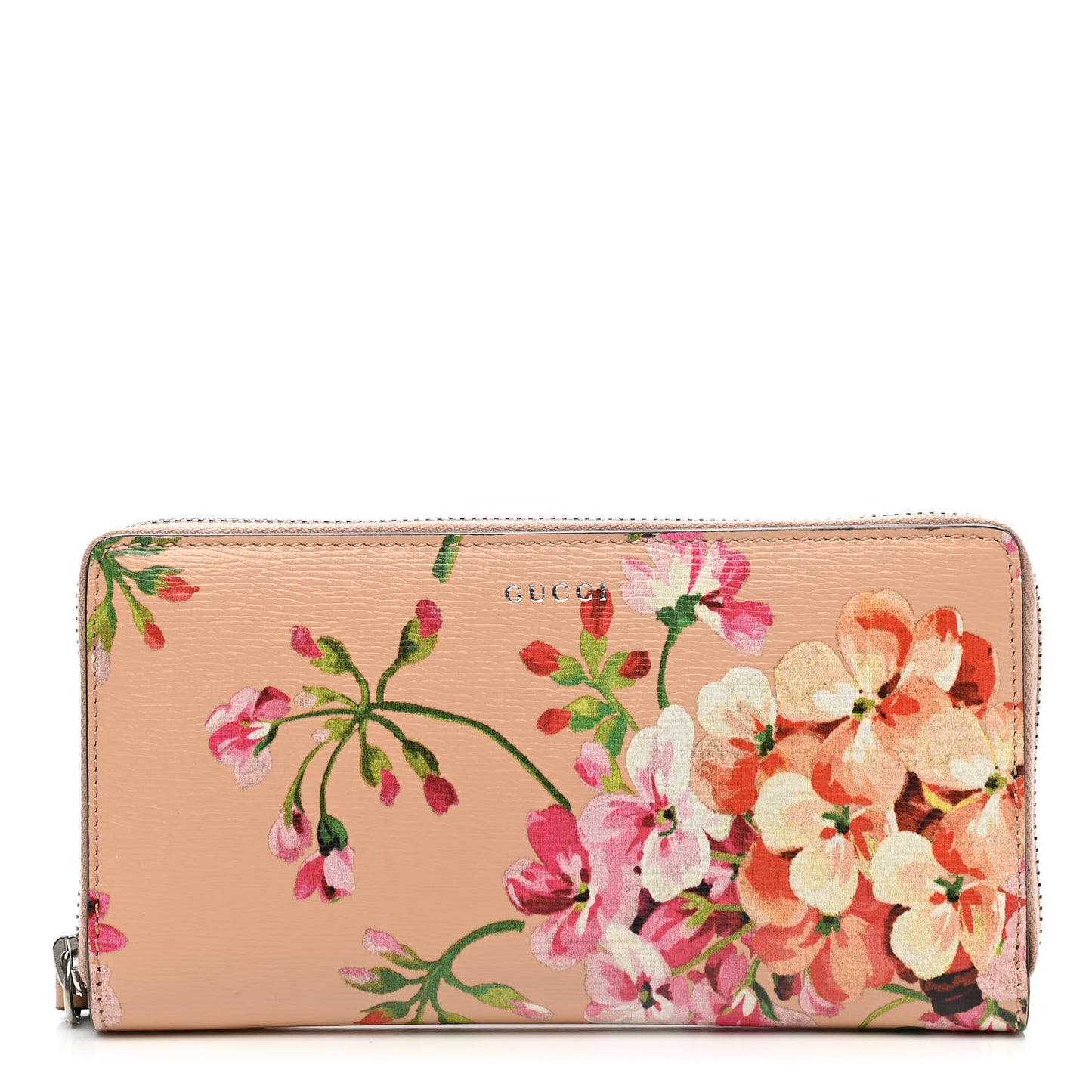 Shangai Calfskin Blooms Print Zip Around Wallet Pink Apricot Multicolor