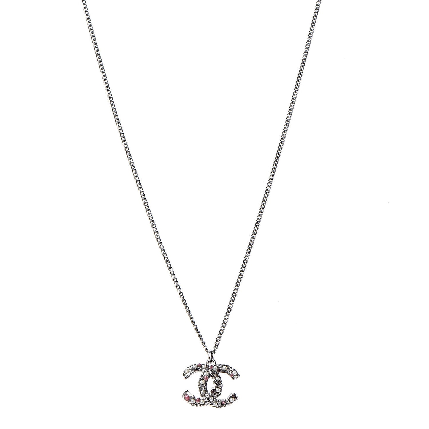 Pearl Crystal Beaded CC Necklace Multicolor Silver