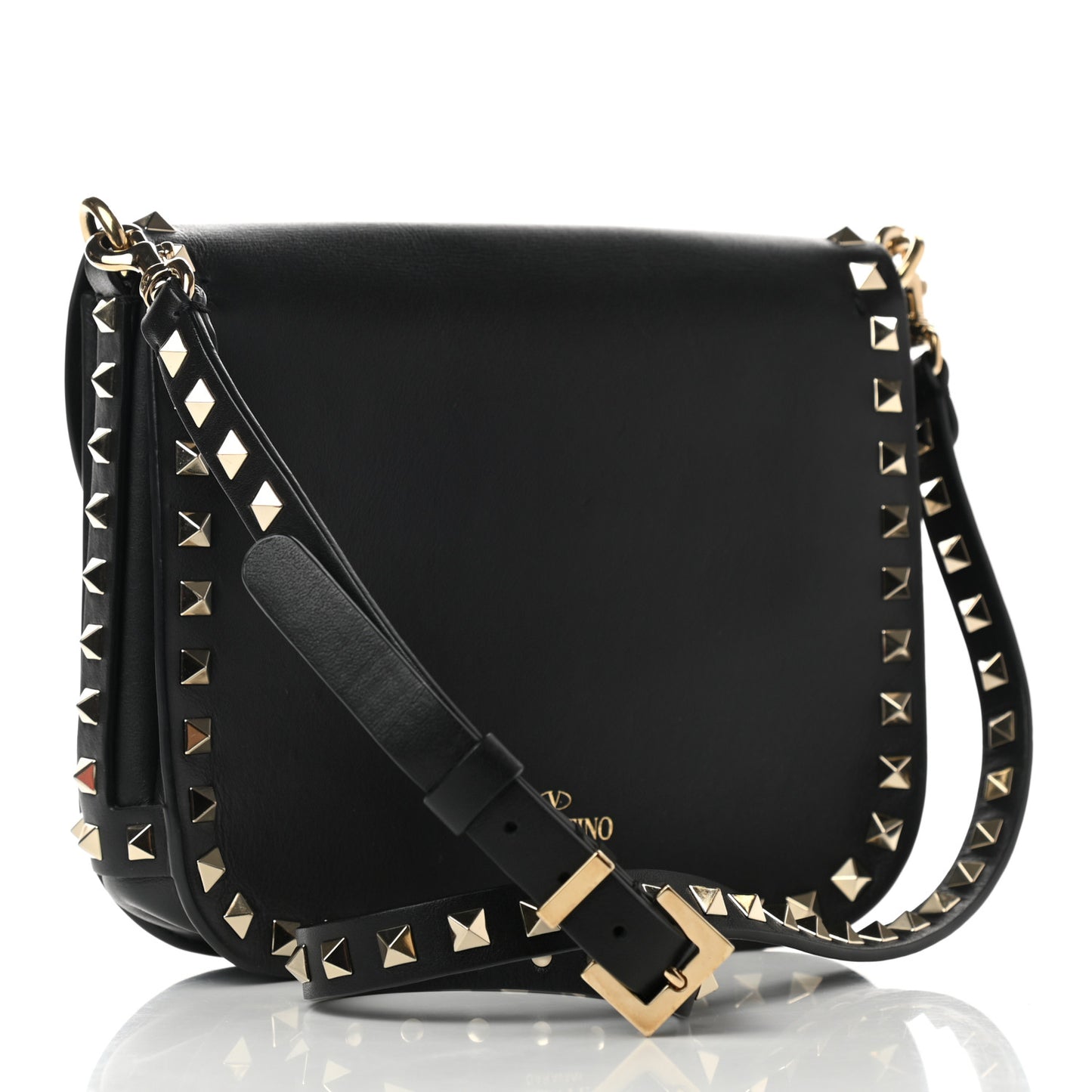 Vitello Rockstud Shoulder Flap Messenger Bag Black