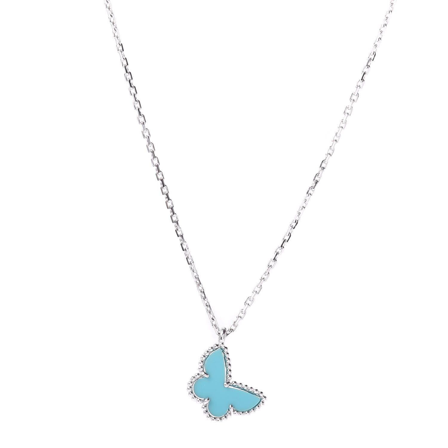 Van Cleef & Arpels 18K White Gold Turquoise Sweet Alhambra Butterfly Pendant Necklace 1 of 5