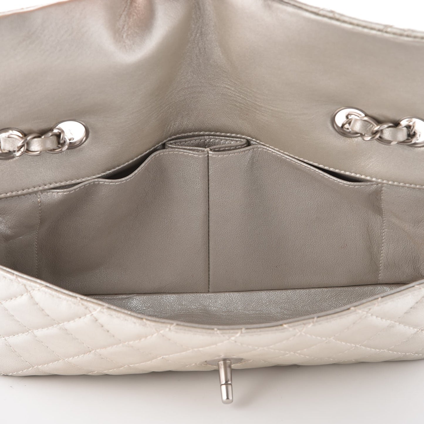 Metallic Lambskin Quilted East West Flap Silver